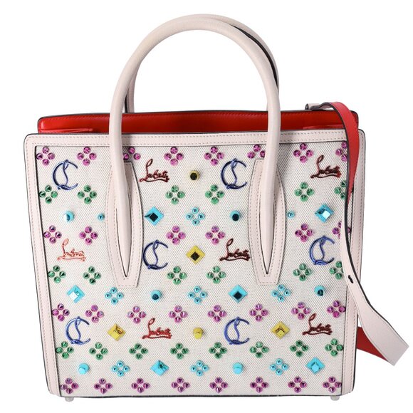 Christian Louboutin Loubinthesky Medium Paloma Satchel Canvas Spikes Ivory - Picture 1 of 10